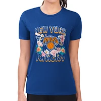 Women's G-III 4Her by Carl Banks Blue New York Knicks Flowers Team Logo Graphic Fitted T-Shirt