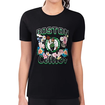 Women's G-III 4Her by Carl Banks Black Boston Celtics Flowers Team Logo Graphic Fitted T-Shirt