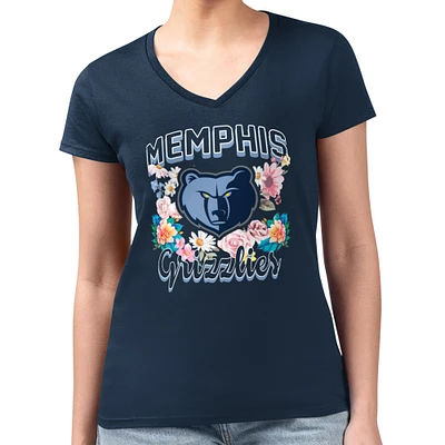 Women's G-III 4Her by Carl Banks Navy Memphis Grizzlies Flowers Team Logo Graphic Fitted V-Neck T-Shirt