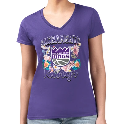 Women's G-III 4Her by Carl Banks Sacramento Kings Flowers Team Logo Graphic Fitted V-Neck T-Shirt