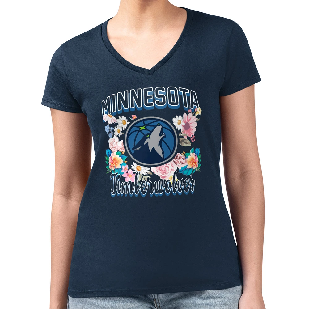 Women's G-III 4Her by Carl Banks Navy Minnesota Timberwolves Flowers Team Logo Graphic Fitted V-Neck T-Shirt