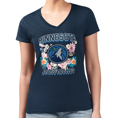 Women's G-III 4Her by Carl Banks Navy Minnesota Timberwolves Flowers Team Logo Graphic Fitted V-Neck T-Shirt