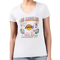 Women's G-III 4Her by Carl Banks White Los Angeles Lakers Flowers Team Logo Graphic Fitted V-Neck T-Shirt