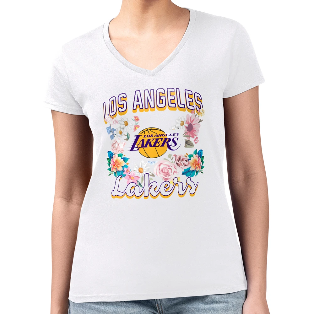 Women's G-III 4Her by Carl Banks White Los Angeles Lakers Flowers Team Logo Graphic Fitted V-Neck T-Shirt
