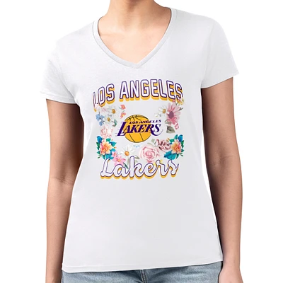 Women's G-III 4Her by Carl Banks White Los Angeles Lakers Flowers Team Logo Graphic Fitted V-Neck T-Shirt