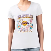 Women's G-III 4Her by Carl Banks White Los Angeles Lakers Flowers Team Logo Graphic Fitted V-Neck T-Shirt