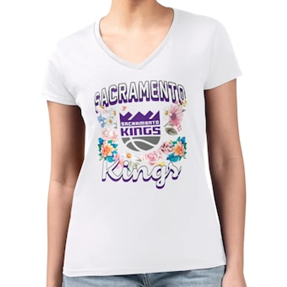 Women's G-III 4Her by Carl Banks White Sacramento Kings Flowers Team Logo Graphic Fitted V-Neck T-Shirt