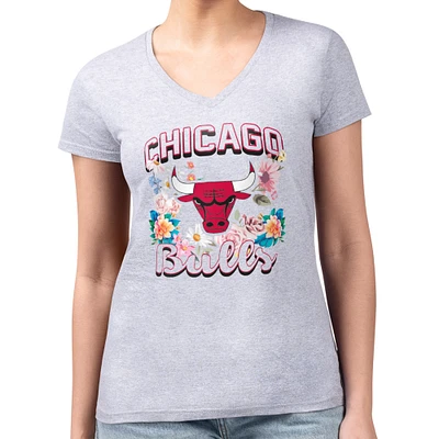 Women's G-III 4Her by Carl Banks Heather Gray Chicago Bulls Flowers Team Logo Graphic Fitted V-Neck T-Shirt