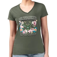 Women's G-III 4Her by Carl Banks Olive Milwaukee Bucks Flowers Team Logo Graphic Fitted V-Neck T-Shirt