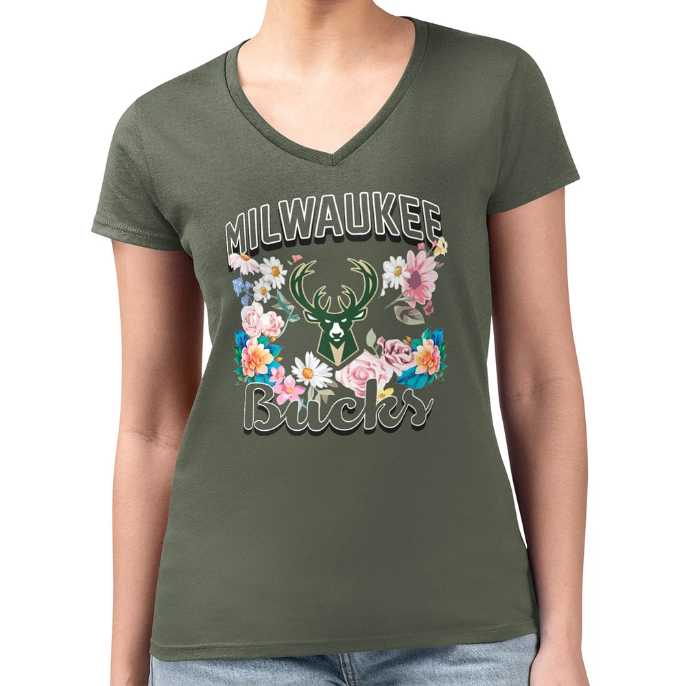 Women's G-III 4Her by Carl Banks Olive Milwaukee Bucks Flowers Team Logo Graphic Fitted V-Neck T-Shirt