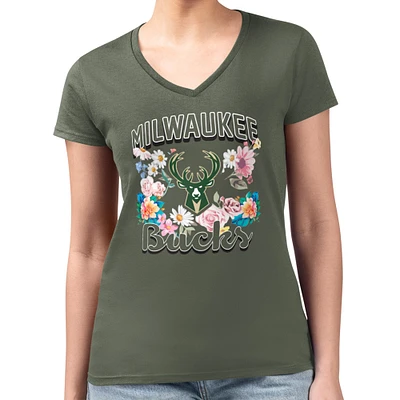 Women's G-III 4Her by Carl Banks Olive Milwaukee Bucks Flowers Team Logo Graphic Fitted V-Neck T-Shirt