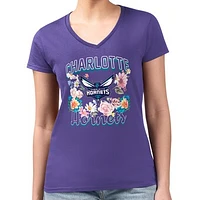 Women's G-III 4Her by Carl Banks Purple Charlotte Hornets Flowers Team Logo Graphic Fitted V-Neck T-Shirt