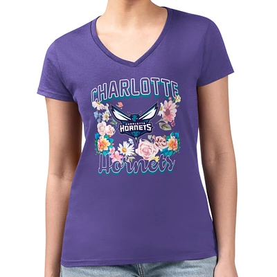 Women's G-III 4Her by Carl Banks Purple Charlotte Hornets Flowers Team Logo Graphic Fitted V-Neck T-Shirt
