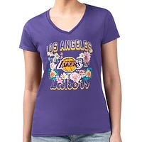 Women's G-III 4Her by Carl Banks Purple Los Angeles Lakers Flowers Team Logo Graphic Fitted V-Neck T-Shirt