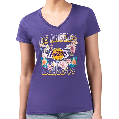 Women's G-III 4Her by Carl Banks Purple Los Angeles Lakers Flowers Team Logo Graphic Fitted V-Neck T-Shirt
