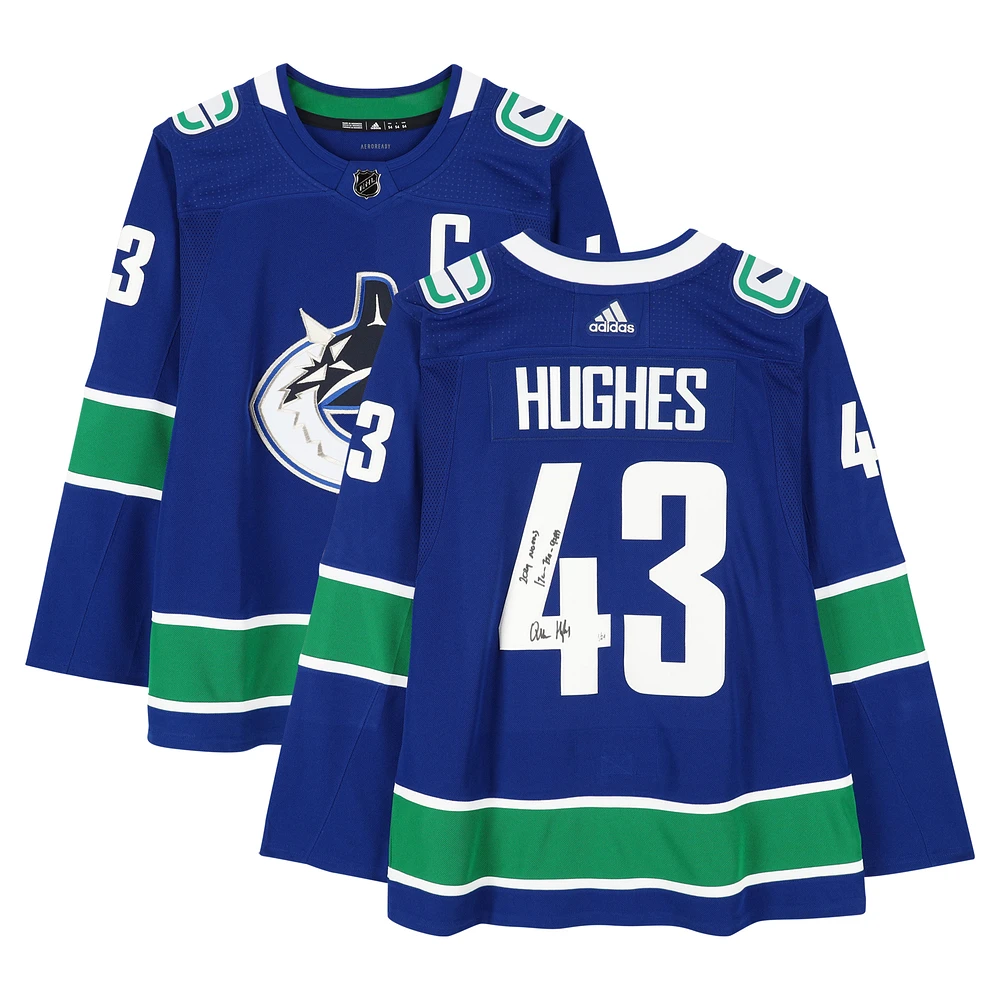 Quinn Hughes Vancouver Canucks Autographed Blue adidas Authentic Jersey with "2024 Norris" & "17G - 75A - 92 Pts" Inscriptions
