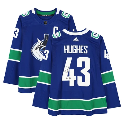 Quinn Hughes Vancouver Canucks Autographed Blue adidas Authentic Jersey with "2024 Norris" & "17G - 75A - 92 Pts" Inscriptions