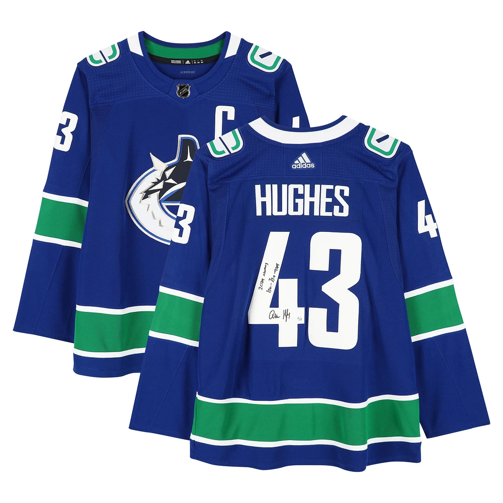 Quinn Hughes Vancouver Canucks Autographed Blue adidas Authentic Jersey with "2024 Norris" & "17G - 75A - 92 Pts" Inscriptions