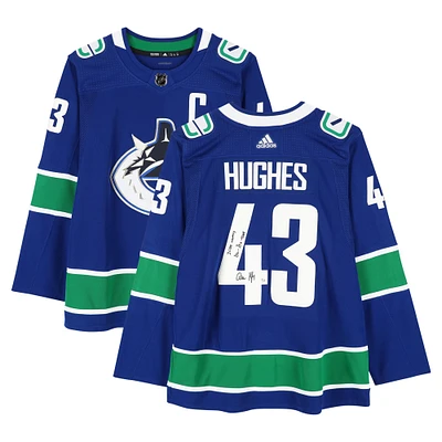 Quinn Hughes Vancouver Canucks Autographed Blue adidas Authentic Jersey with "2024 Norris" & "17G - 75A - 92 Pts" Inscriptions