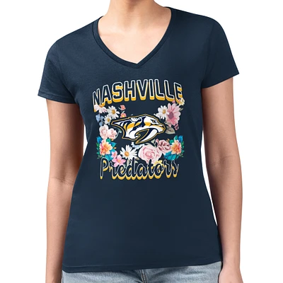 Women's G-III 4Her by Carl Banks Navy Nashville Predators Flower Logo Fitted V-Neck T-Shirt
