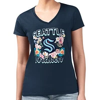 Women's G-III 4Her by Carl Banks Deep Sea Blue Seattle Kraken Flower Logo Fitted V-Neck T-Shirt