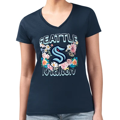 Women's G-III 4Her by Carl Banks Deep Sea Blue Seattle Kraken Flower Logo Fitted V-Neck T-Shirt