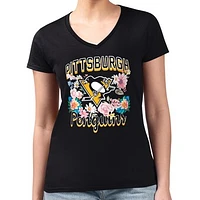 Women's G-III 4Her by Carl Banks Black Pittsburgh Penguins Flower Logo Fitted V-Neck T-Shirt