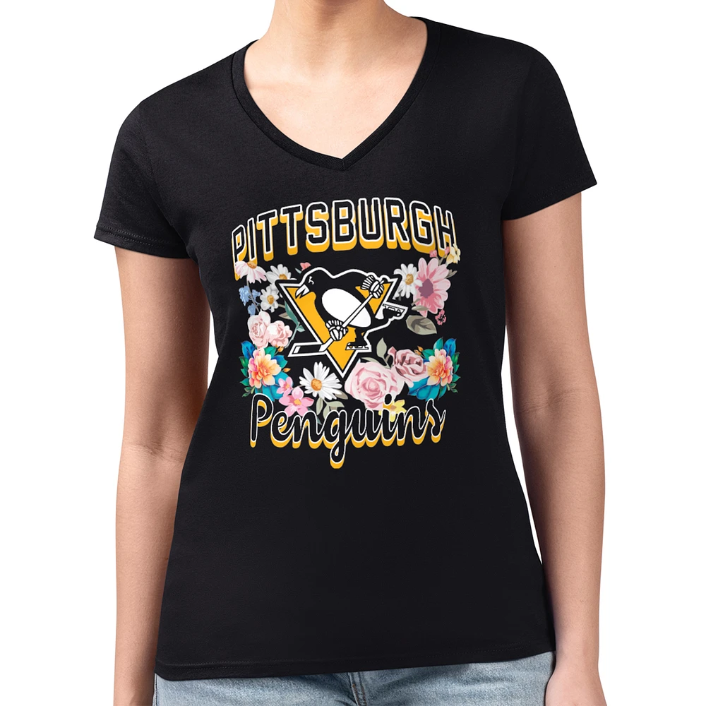 Women's G-III 4Her by Carl Banks Black Pittsburgh Penguins Flower Logo Fitted V-Neck T-Shirt