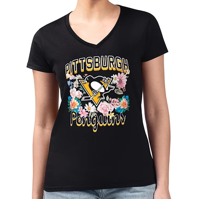 Women's G-III 4Her by Carl Banks Black Pittsburgh Penguins Flower Logo Fitted V-Neck T-Shirt