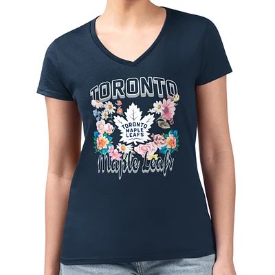 Women's G-III 4Her by Carl Banks Navy Toronto Maple Leafs Flower Logo Fitted V-Neck T-Shirt