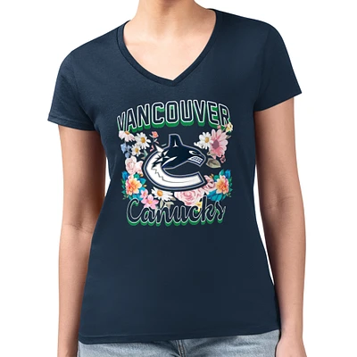 Women's G-III 4Her by Carl Banks Navy Vancouver Canucks Flower Logo Fitted V-Neck T-Shirt