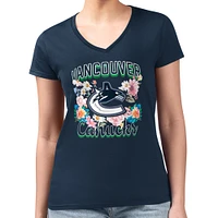 Women's G-III 4Her by Carl Banks Navy Vancouver Canucks Flower Logo Fitted V-Neck T-Shirt
