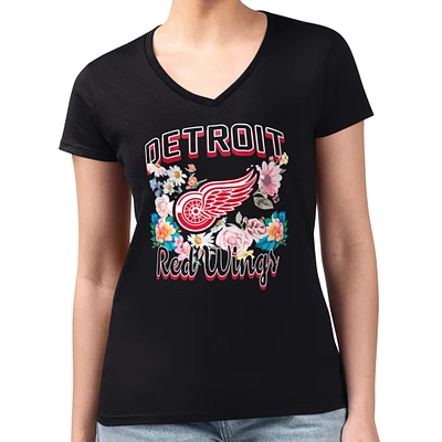 Women's G-III 4Her by Carl Banks Black Detroit Red Wings Flower Logo Fitted V-Neck T-Shirt