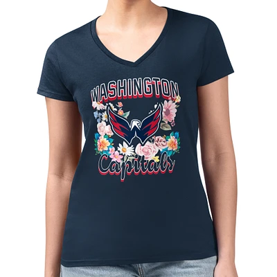 Women's G-III 4Her by Carl Banks Navy Washington Capitals Flower Logo Fitted V-Neck T-Shirt