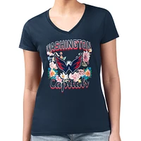 Women's G-III 4Her by Carl Banks Navy Washington Capitals Flower Logo Fitted V-Neck T-Shirt