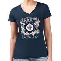 Women's G-III 4Her by Carl Banks Navy Winnipeg Jets Flower Logo Fitted V-Neck T-Shirt