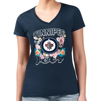 Women's G-III 4Her by Carl Banks Navy Winnipeg Jets Flower Logo Fitted V-Neck T-Shirt