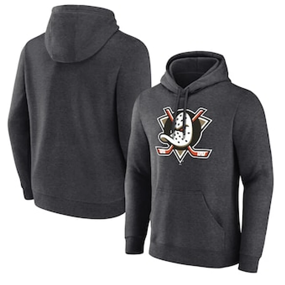 Men's Fanatics Heather Charcoal Anaheim Ducks Primary Logo Fleece Pullover Hoodie