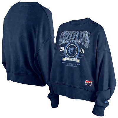 Women's New Era  Navy Memphis Grizzlies Throwback Vintage Enzyme Wash Oversized Boxy Pullover Sweatshirt