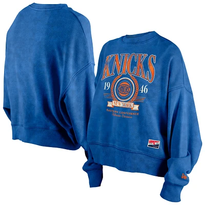 Women's New Era  Blue York Knicks Throwback Vintage Enzyme Wash Oversized Boxy Pullover Sweatshirt