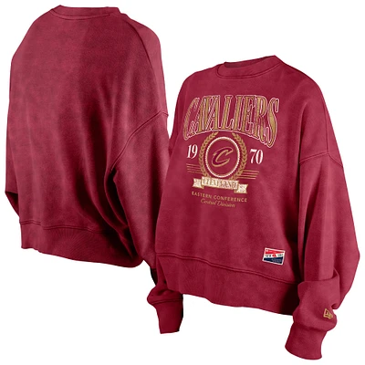 Women's New Era  Wine Cleveland Cavaliers Hardwood Classics Enzyme Wash Oversized Boxy Pullover Sweatshirt