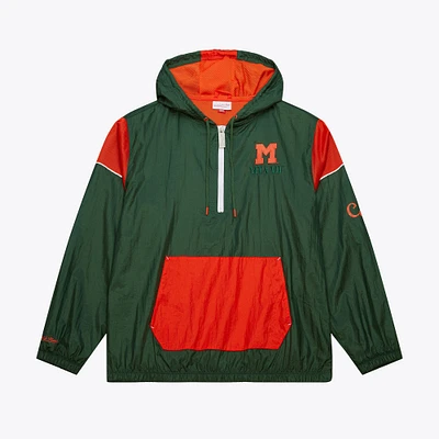 Men's Mitchell & Ness Green Miami Hurricanes Anorak Vintage Logo Half-Zip Hoodie Jacket