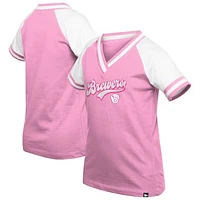 Girls Youth New Era Pink Milwaukee Brewers Mommy & Me Raglan V-Neck T-Shirt