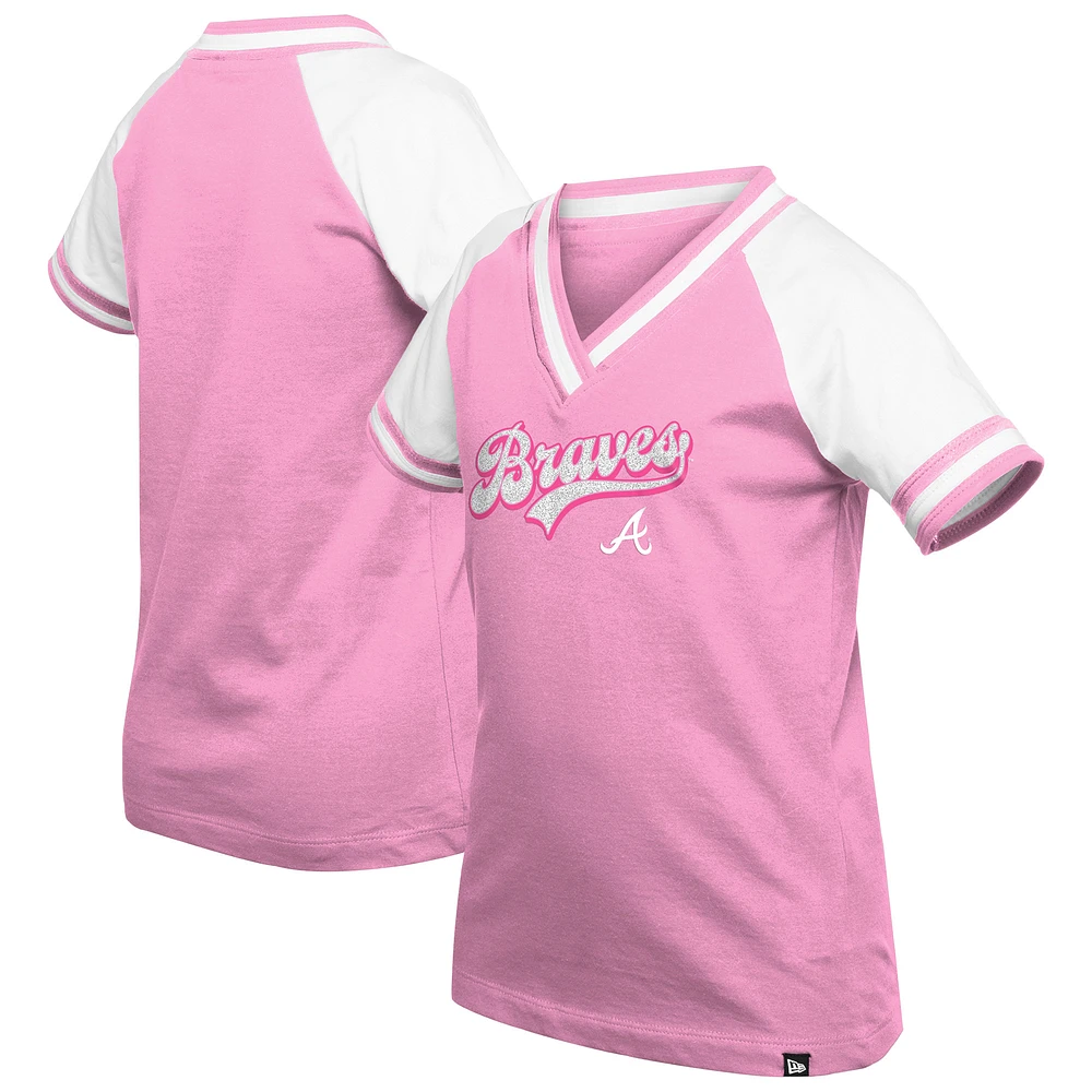 Girls Youth New Era Pink Atlanta Braves Mommy & Me Raglan V-Neck T-Shirt