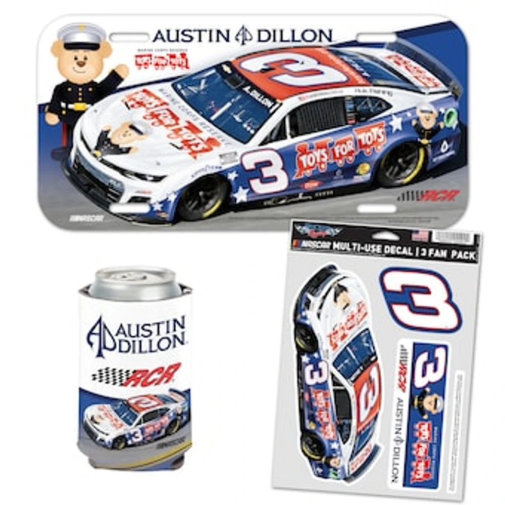 WinCraft Austin Dillon Toys For Tots Three-Piece Can Cooler, License Plate, & Three-Pack Fan Decal Set