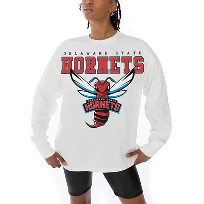 Women's Gameday Couture White Delaware State Hornets Big Goals Oversized Long Sleeve T-Shirt