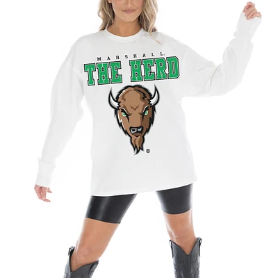 Women's Gameday Couture White Marshall Thundering Herd Big Goals Oversized Long Sleeve T-Shirt