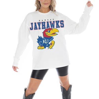 Women's Gameday Couture White Kansas Jayhawks Big Goals Oversized Long Sleeve T-Shirt