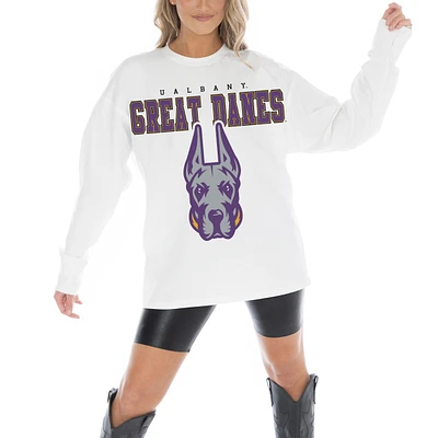 Women's Gameday Couture White UAlbany Great Danes Big Goals Oversized Long Sleeve T-Shirt