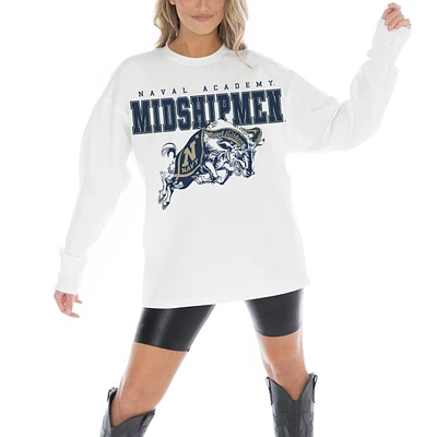 Women's Gameday Couture White Navy Midshipmen Big Goals Oversized Long Sleeve T-Shirt